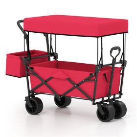 Foldable Utility Wagon,Adjustable Handle Outdoor Wagon, Puncture-Proof Wheels with Brakes, Removable Bag & Side Pockets-Red
