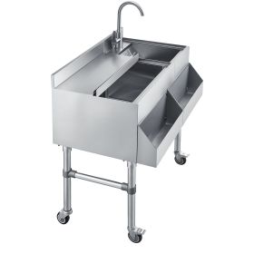 Commercial Ice Bin with Sink & Faucet, 60 Qt Max Capacity, 24 x 19 x 35 Inch Stainless Steel Ice Chest with Sliding Lid and Bottle Holders