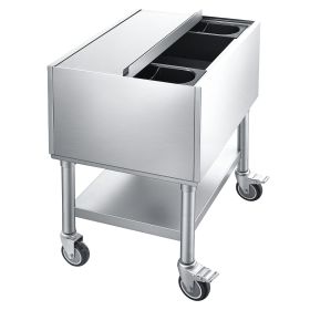 Commercial Ice Bin, 65.1 Qt Max Capacity, 24 x 19 x 35 Inch Stainless Steel Ice Chest with Sliding Lid and Bottle Holders
